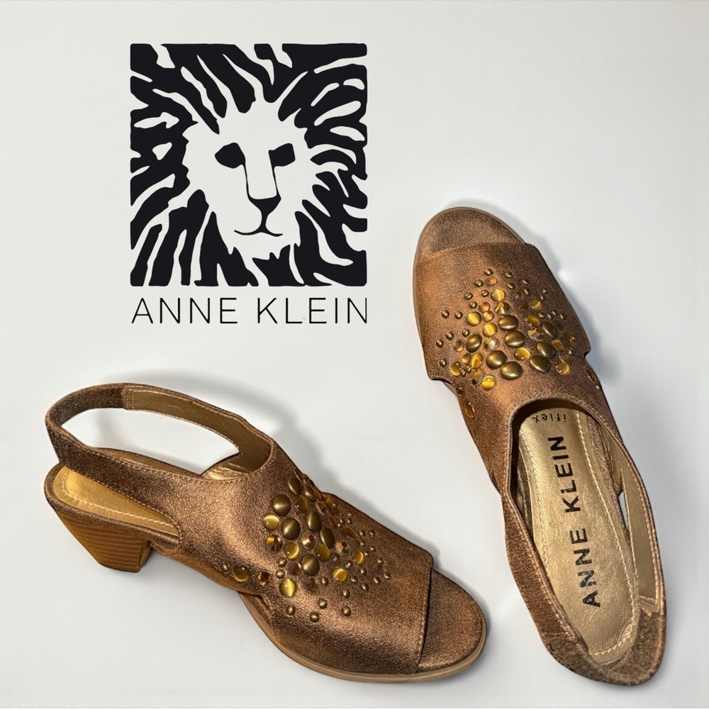 Anne Klein Bronze Slingback Gem Embellished Heeled Sandals 2.5” Heel